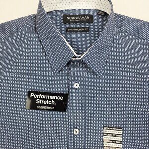 Nick Graham 17-17.5 35-35 XL Mens Blue XO Pattern Stretch Modern Fit Shirt NWT
